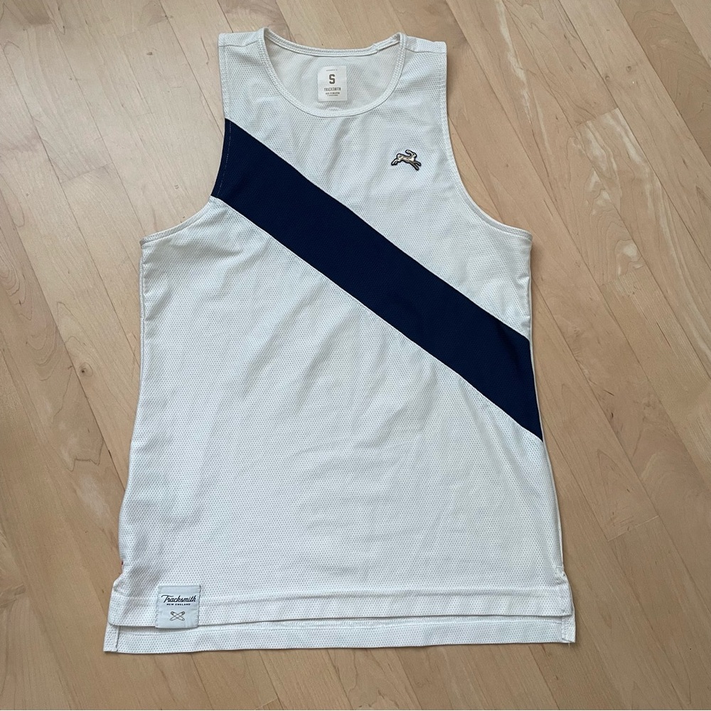 Tracksmith White and Navy Diagonal Stripe Mesh Tank Top